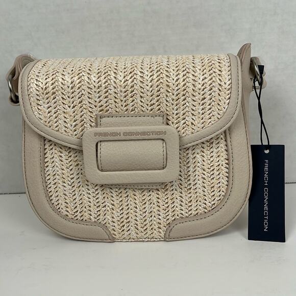French Connection Womens Shante Straw Crossbody Bag Wheat Color Purse Pockets - Picture 1 of 11